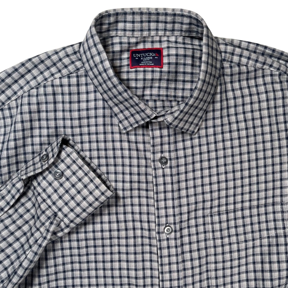 UNTUCKit Massoni Button Up Shirt Mens XL Grey Plaid Slim Fit Cotton Long Sleeve